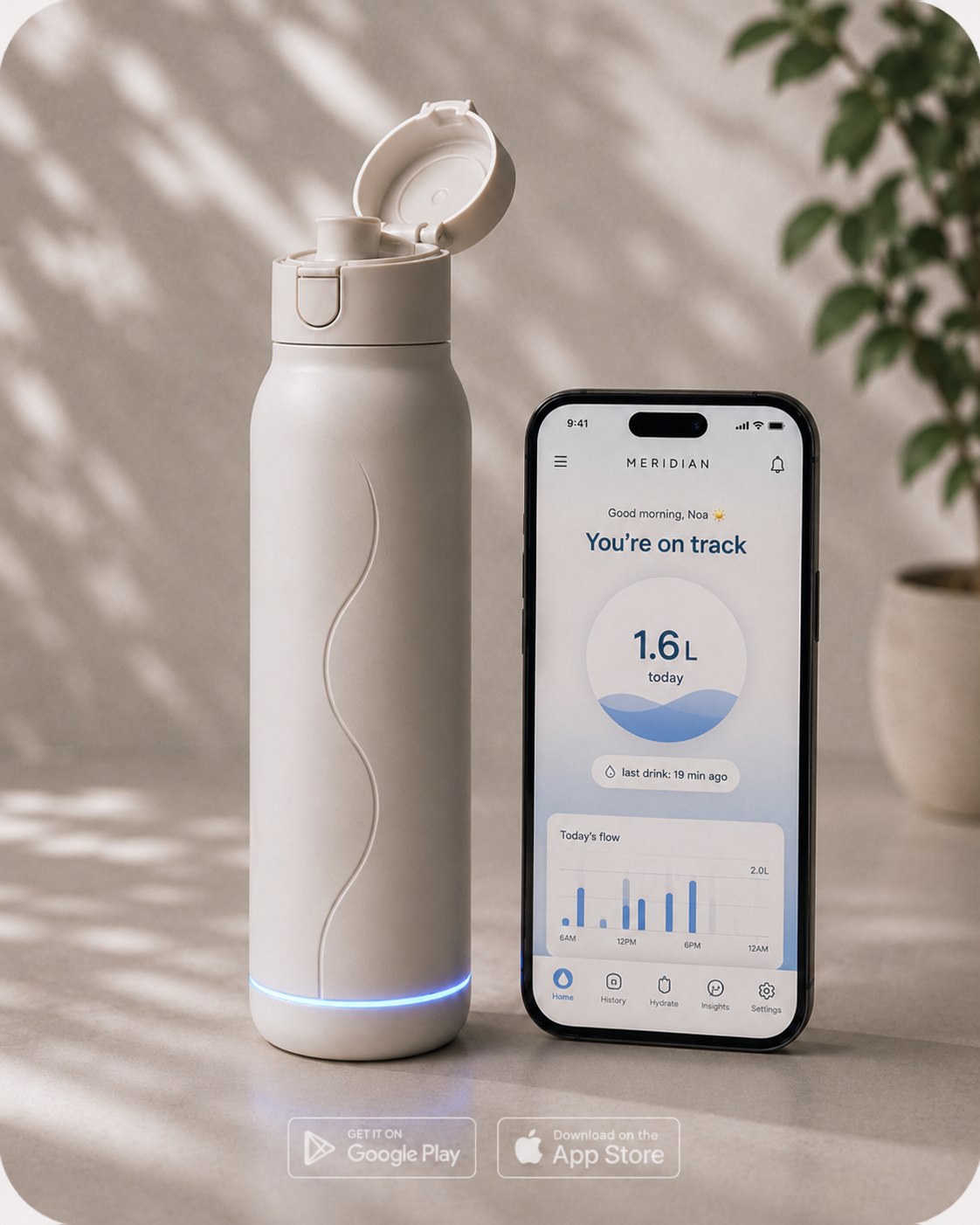 Meridian bottle beside companion iPhone app showing hydration tracking