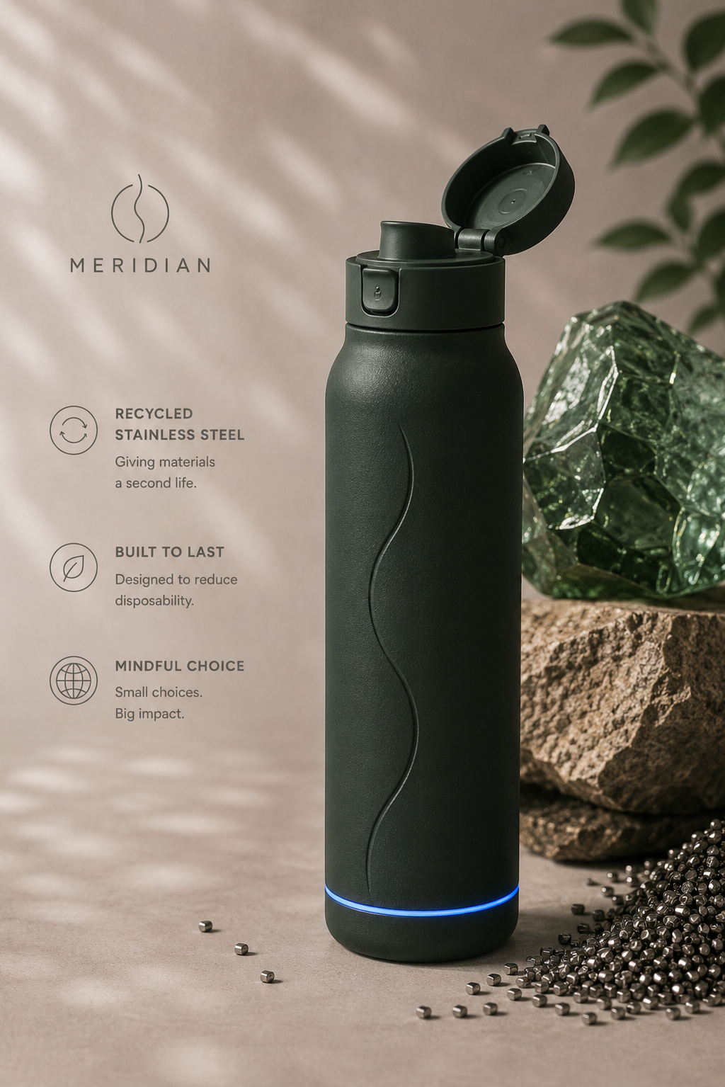 Meridian bottle with recycled material storytelling scene